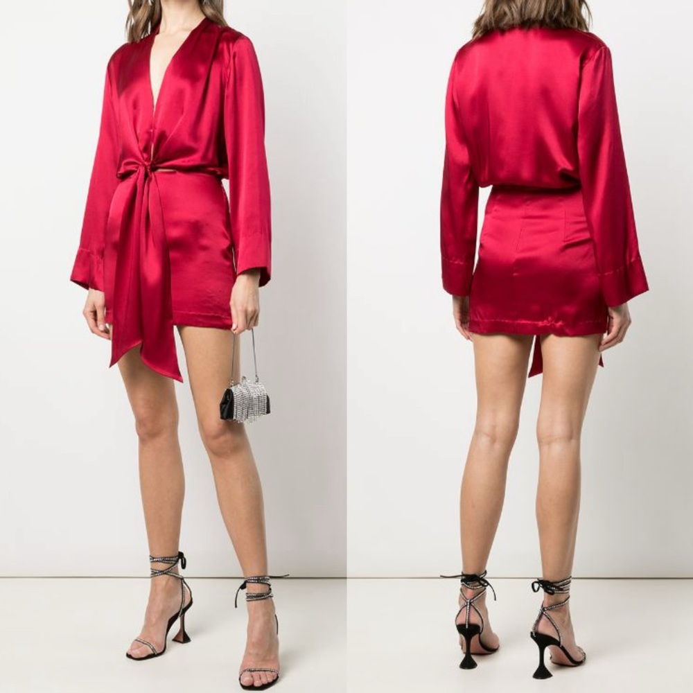 Michelle Mason 100% Silk Kimono Tie Mini Dress in Ruby Red Size 0 - Picture 7 of 16